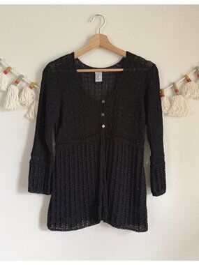 Mimi Maternity Pointelle Crochet Open Knit Babydoll Cardigan Grandmacore Cottage
